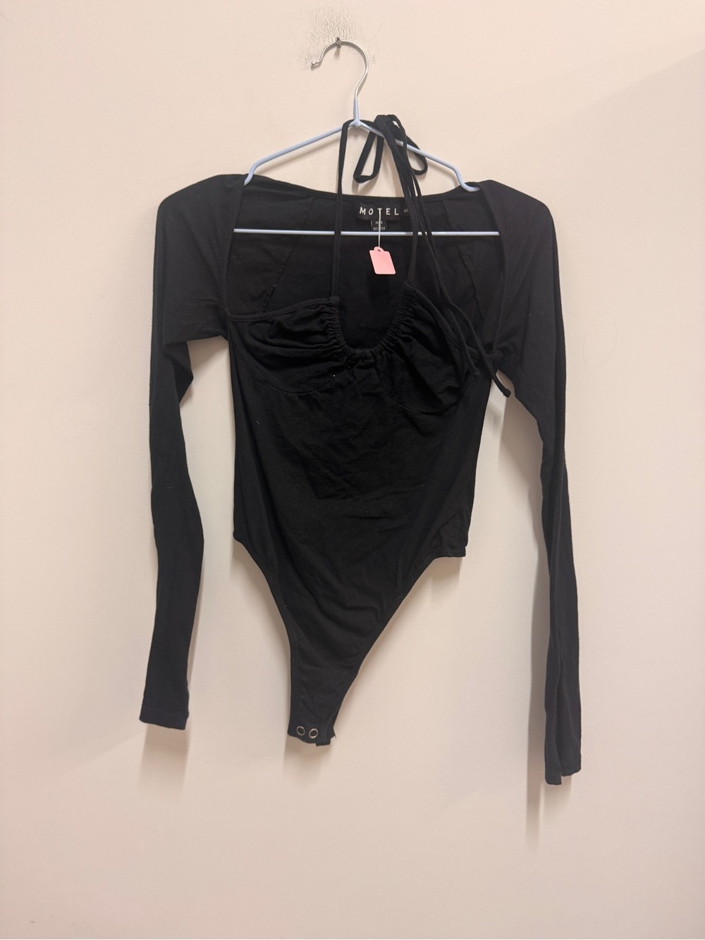 Motel Rocks Black Long Sleeve Halter Bodysuit with Gathered Bust